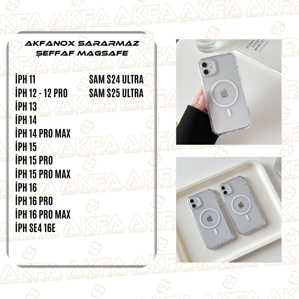 Akfa Akfanox Sararmaz Şeffaf Magsafe Kılıf - (Modeller İçin Katalog Talep Ediniz)