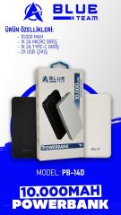 Beyaz Blueteam 10.000 mAh PB 14D Powerbank - Güçlü ve Taşınabilir Şarj Çözümü